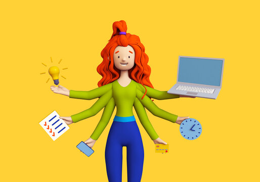 Busy cartoon businesswoman with six arms doing different type of work. Multitasking and time management concept. Trendy 3d illustration.