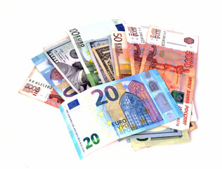 Obraz na płótnie Canvas Paper money of various denominations: euros, dollars, Russian ruble
