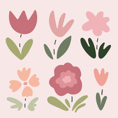 Collection of hand drawn sketch flowers in Scandinavian childish simple style. Botanical minimalist doodle flowers and leaves. Set of abstract shapes floral clip art isolated elements for design