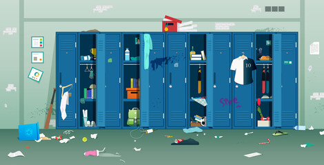 Student lockers with dirty and disorganized rubbish.
