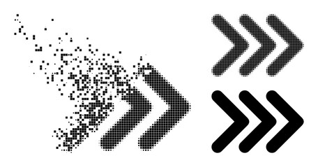 Dust dot triple arrowhead right pictogram with destruction effect, and halftone vector composition.