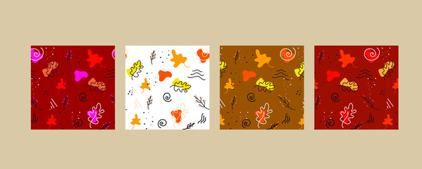 Fall seamless patterns set, autumn leaves doodle art. Cute colorful print for designs, clothes, covers, branding, marketing. Seasonal hand drawn elements, symbols.