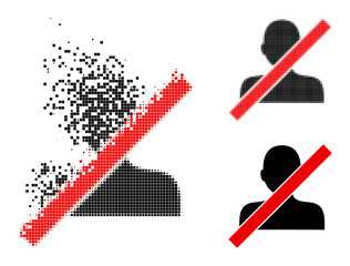 Burst pixelated closed man icon with destruction effect, and halftone vector icon. Pixelated creation effect for closed man shows speed and motion of cyberspace abstractions.