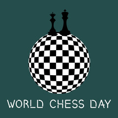 World Chess Day lettering. King and Queen on the globe as chessboard