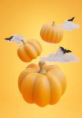 floating group pumpkin with halloween concept,clouds,bat on orange background