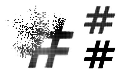 Fractured pixelated jail pictogram with destruction effect, and halftone vector pictogram. Pixelated defragmentation effect for jail shows speed and movement of cyberspace objects.