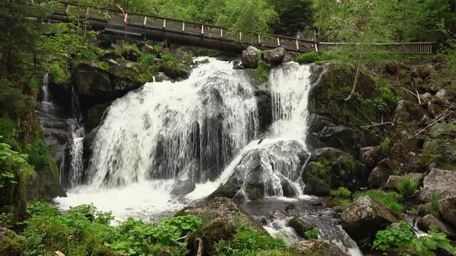 A low angle view of the Triberg waterfall and a wooden bridge in the Black Forest in Germany in 4K