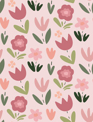 Cute childish seamless pattern with flowers and leaves. Creative children texture for fabric, wrapping, textile, wallpaper. Vector background with hand drawn flowers in simple scandinavian style