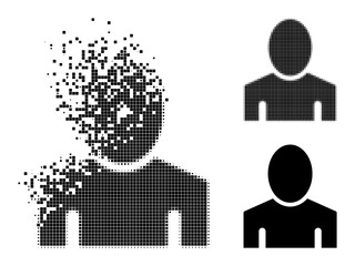 Fractured dot guy pictogram with wind effect, and halftone vector pictogram. Pixelated dissolution effect for guy shows speed and motion of cyberspace things.