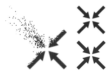 Disappearing dotted center arrows icon with wind effect, and halftone vector icon. Pixelated destruction effect for center arrows shows speed and motion of cyberspace abstractions.
