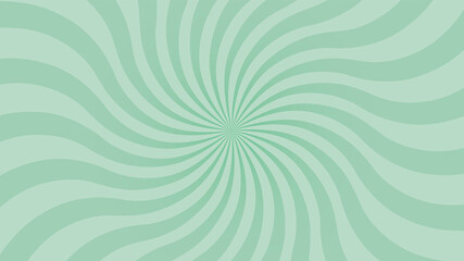 Retro background with mint color sunburst or starburst. Pattern with vintage color, swirl stripes. Vector illustration of 60s.