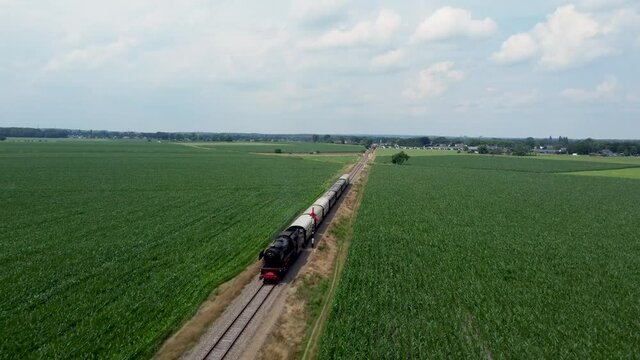 Dutch steam locomotive with wagons driving through Veluwe landscape