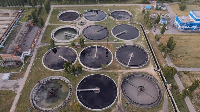 Aerial top view recirculation sedimentation tank, water treatment plant