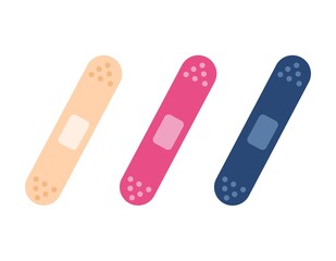 Medical patches set isolated on white background. Nude beige, blue and pink Medical adhesive tape plasters for Vaccination campaign, poster, label. badge or sticker. Flat style vector illustration