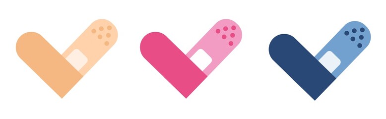 Heart shaped medical patches isolated on white background. Beige, pink and blue medical tape, adhesive tape plasters for vaccination campaign, sticker, label etc. Flat style vector illustration