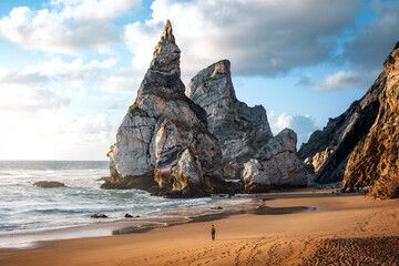 Sunset on the beach of Ursa in Sintra with a man strolling between large rocks on the coast of...