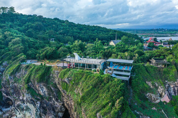 Cafe with a view above the cliffs and the sea, sky view, in Pha Suk nir, Ko Proet, in Chanthaburi, Thailand