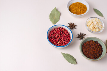 Colourful set different spices for meat, vegetarian dishes in bowls on light background. Seasoning pink peppercorns, dried onions, sun dried tomatoes, curry. Hot spicy for cooking, copy space