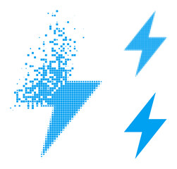 Dissipated dotted electric strike pictogram with wind effect, and halftone vector icon. Pixel creation effect for electric strike shows speed and movement of cyberspace matter.