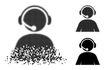 Dispersed dot call center operator glyph with destruction effect, and halftone vector pictogram.
