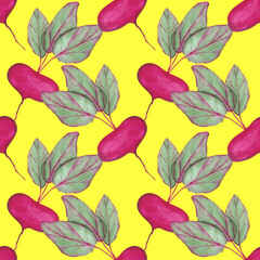 Watercolor beet seamless pattern on a yellow background. Hand-drawn vegetable endless print. Beetroot illustration. Fresh harvest backdrop. Radish wallpaper.