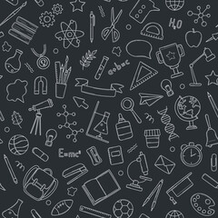 Seamless pattern of school icons,  in doodle style on chalkboard. Stationery items in a hand drawn sketch. Vector line illustration for wrapping paper, wallpaper, cover, decorative print.