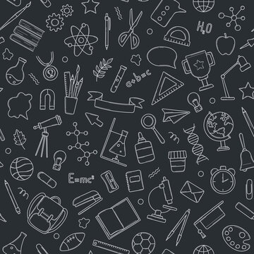 Seamless pattern of school icons,  in doodle style on chalkboard. Stationery items in a hand drawn sketch. Vector line illustration for wrapping paper, wallpaper, cover, decorative print.