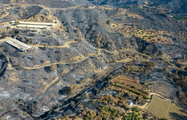 Mountain fire with burned agriculture land and forest. Disaster of the environment Cyprus.