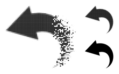 Disappearing dotted undo icon with destruction effect, and halftone vector icon. Pixel disintegrating effect for undo shows speed and movement of cyberspace items.