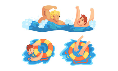 Lifeguard Saving Man, Man Drowning and Raising his Hand for Help out of Water, Emergency, Rescue, Help Cartoon Vector Illustration
