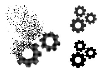 Dispersed dot gear mechanism icon with destruction effect, and halftone vector icon. Pixel dematerialization effect for gear mechanism reproduces speed and movement of cyberspace items.