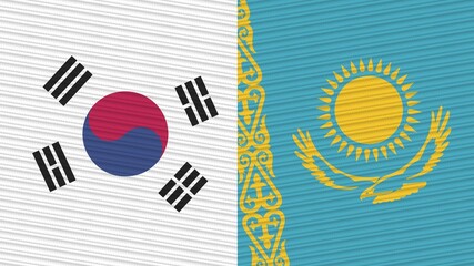 Kazakhstan and South Korea Two Half Flags Together Fabric Texture Illustration
