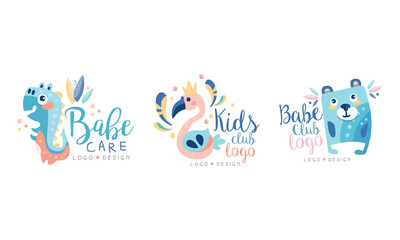 Kids Club Creative Logo Design Set, Babe Care Brand Identity Badges Cartoon Vector Illustration