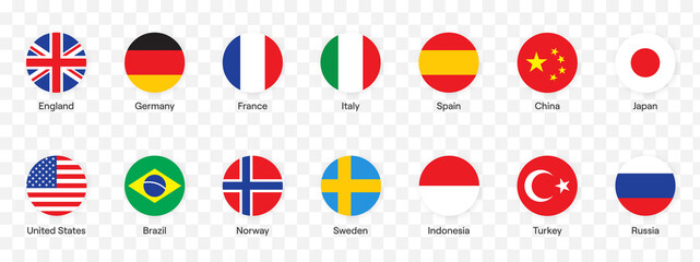 National flags icons vector,  main flag languages set. UK, Germany, USA, Russia, China,France… Isolated circle buttons on white background.  Website language choice symbols.  Vector UI flag design. - obrazy, fototapety, plakaty