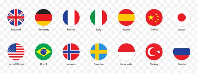 Fotobehang National flags icons vector,  main flag languages set. UK, Germany, USA, Russia, China,France… Isolated circle buttons on white background.  Website language choice symbols.  Vector UI flag design. © Neo