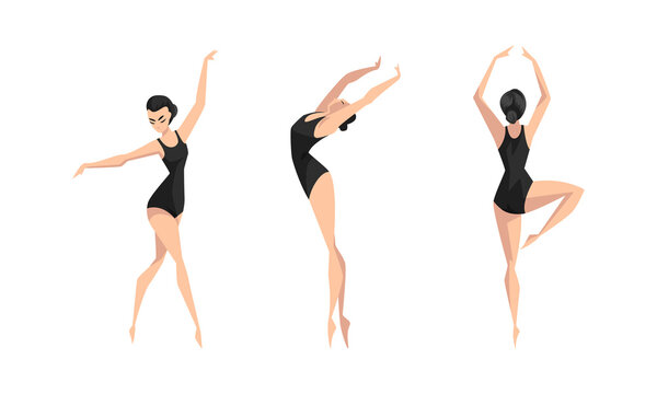 Beautiful Girl Dancing in Black Leotard Set, Young Woman Ballet Dancer or Gymnast Character Cartoon Vector Illustration