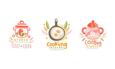 Time to Cook Creative Logo Design Set, Cooking Studio Hand Drawn Labels Vector Illustration