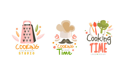 Cooking Time Studio Logo Design Set, Cooking Studio Hand Drawn Labels Vector Illustration