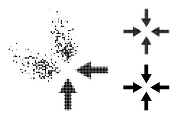 Dispersed dotted compress arrows pictogram with destruction effect, and halftone vector composition. Pixelated erosion effect for compress arrows reproduces speed and movement of cyberspace matter.