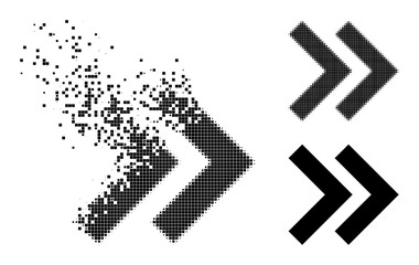 Dissolving pixelated shift right icon with destruction effect, and halftone vector symbol. Pixelated destruction effect for shift right gives speed and motion of cyberspace concepts.