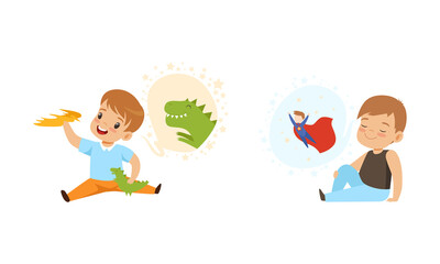 Kids Imagination and Fantasy Concept, Cute Little Boy Playing with Toy Dinosaurs, Boy Dreaming of Being Superhero Cartoon Style Vector Illustration