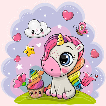Cartoon Unicorn with cupcake on the meadow