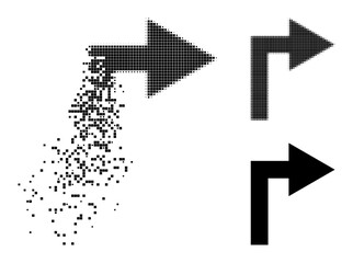Dispersed dot turn right pictogram with destruction effect, and halftone vector symbol. Pixelated mist effect for turn right demonstrates speed and movement of cyberspace objects.