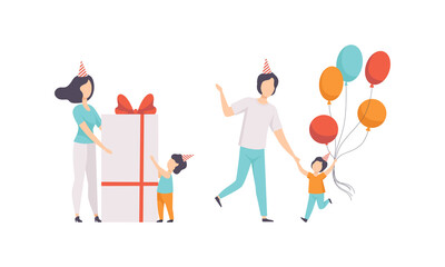 Fototapeta premium Kids Celebrating Birthday Set, Parents Giving Gifts to their Children Cartoon Vector Illustration