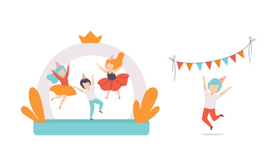 Kids Having Fun at Birthday Party Set, Children Jumping on Inflatable Trampoline Cartoon Vector Illustration
