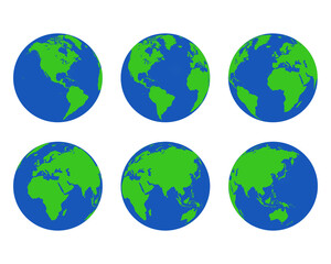 Flat Earth Globe Icons. terrestrial hemispheres with continents of America, Europe, Asia, Africa, Oceania and Antarctica. vector world map set.