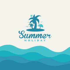 Fototapeta na wymiar Summer holiday card with tropical island vector illustration on blue ocean background.