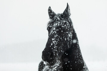 male Friesian horse has a head full of falling snowflakes