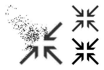 Dissipated pixelated collide arrows icon with destruction effect, and halftone vector image. Pixelated abrasion effect for collide arrows demonstrates speed and movement of cyberspace items.