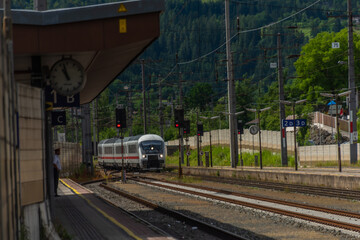 Obraz premium Germany train in Austria mountains in Sankt Johann im Pongau in summer day